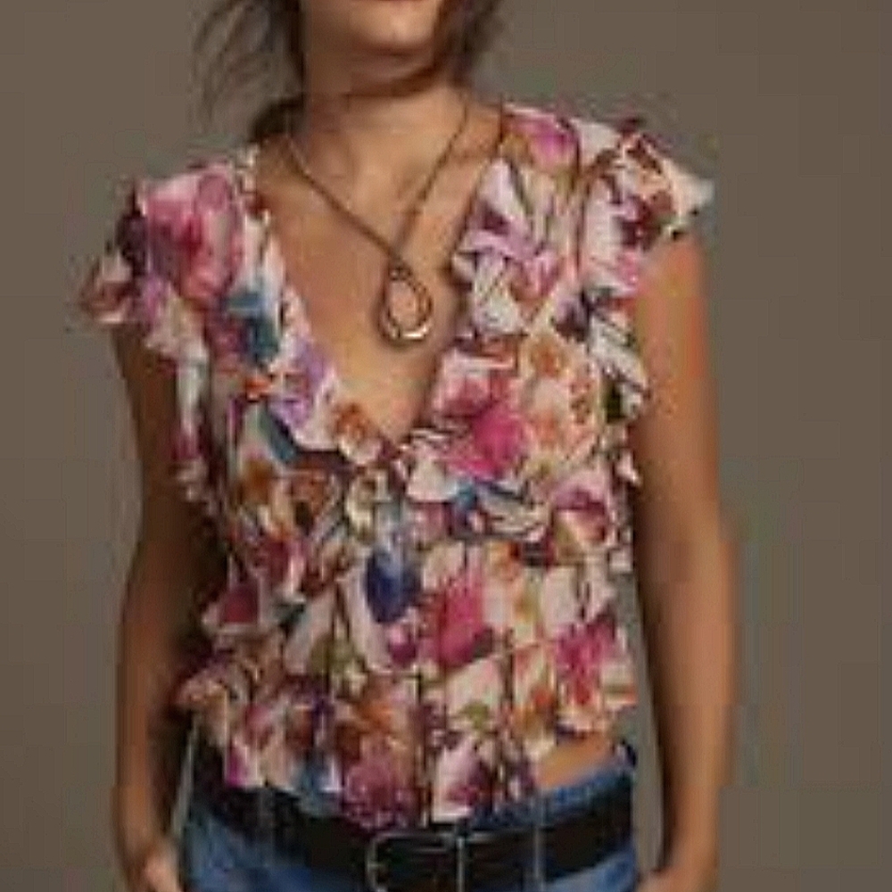 Floral Ruffle V-Neck Blouse - Pink Multi - Picture 2 of 10